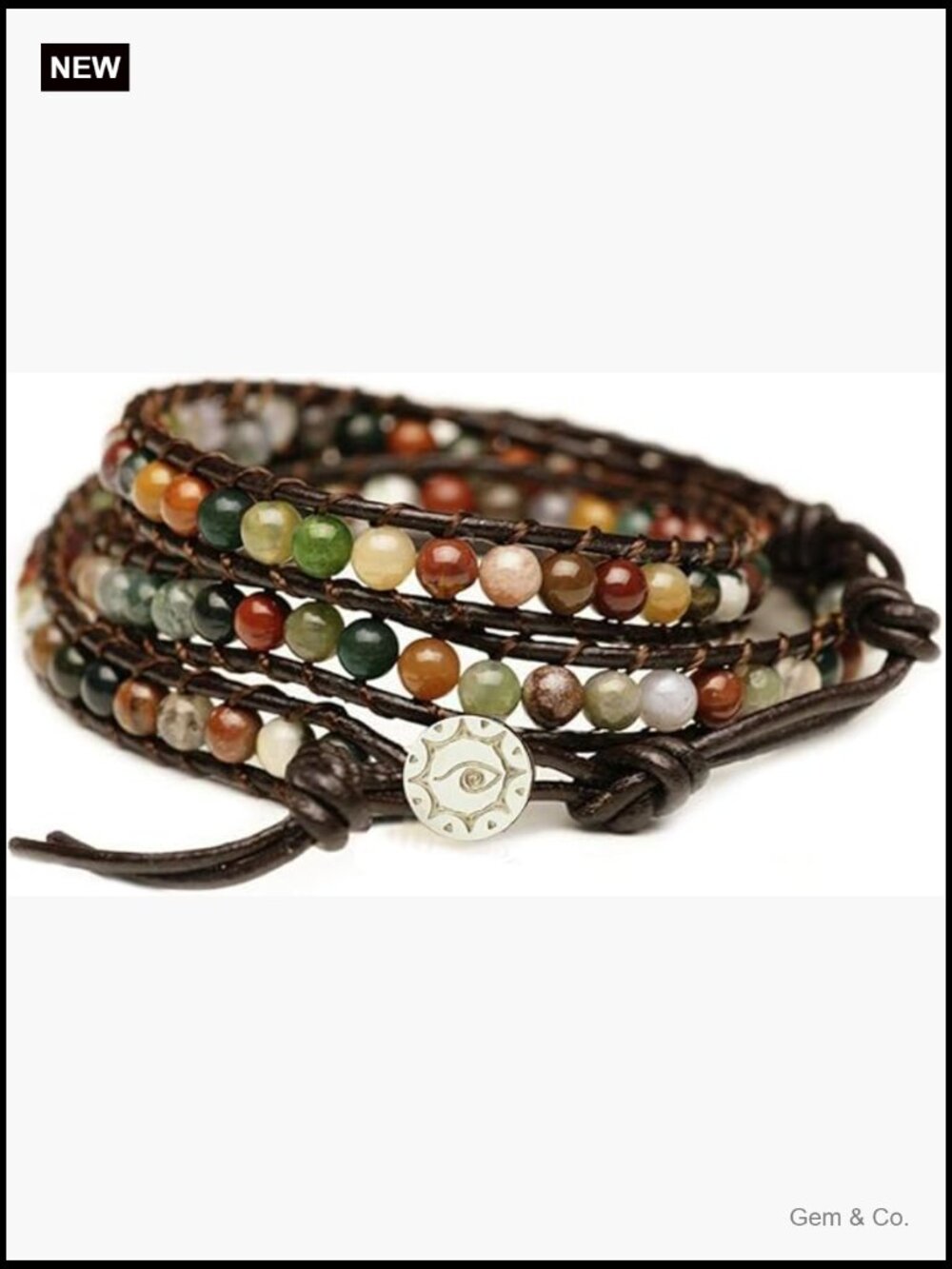 Genuine Leather Wrap Bracelet with Agate Beads Adjustable Stainless Steel Snap